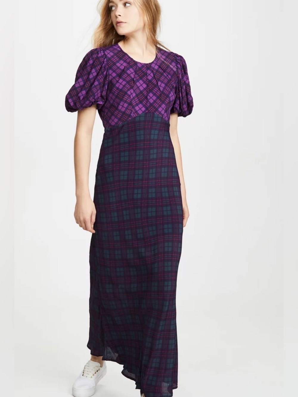 Rahi Plaid Cher Maxi Dress in a Purple and Teal Plaid Print size Medium